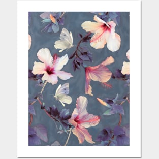 Butterflies and Hibiscus Flowers - a painted pattern Posters and Art
